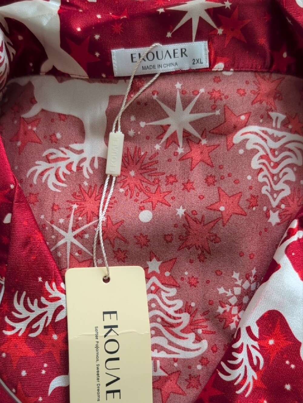 EKOUAER Satin Pajama Set Holiday Reindeer Red and White Button Down Size 2X - Picture 7 of 16